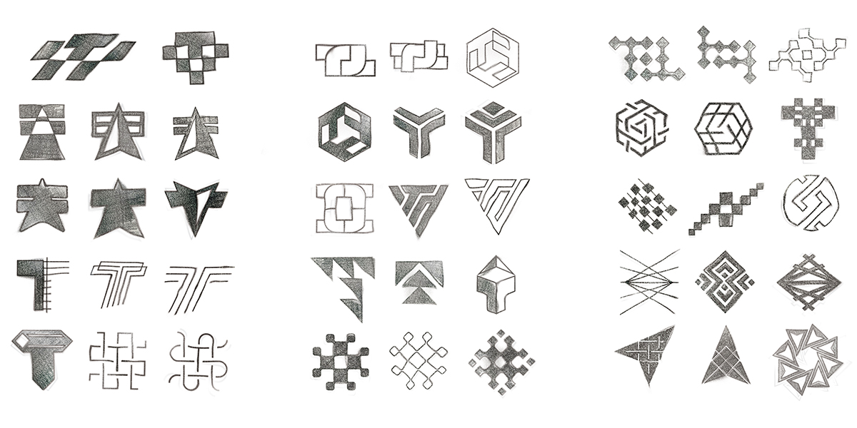 series of pencil sketches of logo options