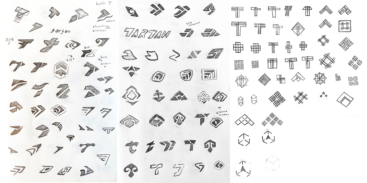 series of pencil sketches of logo options