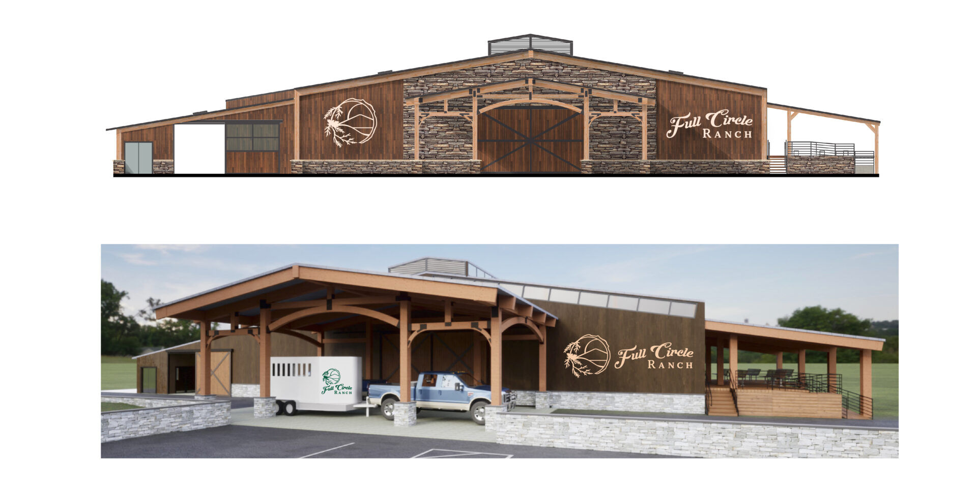 Logo mockups of Full Circle Ranch on their stable renovations renders and trailer