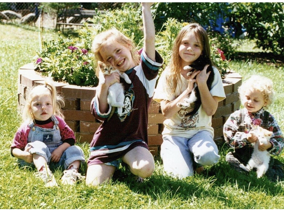 Four little girls holding kittens.
